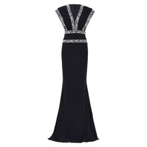 Tadashi Shoji Embroidered V-Neck Black Ivory Gown | Size 16 | NWOT